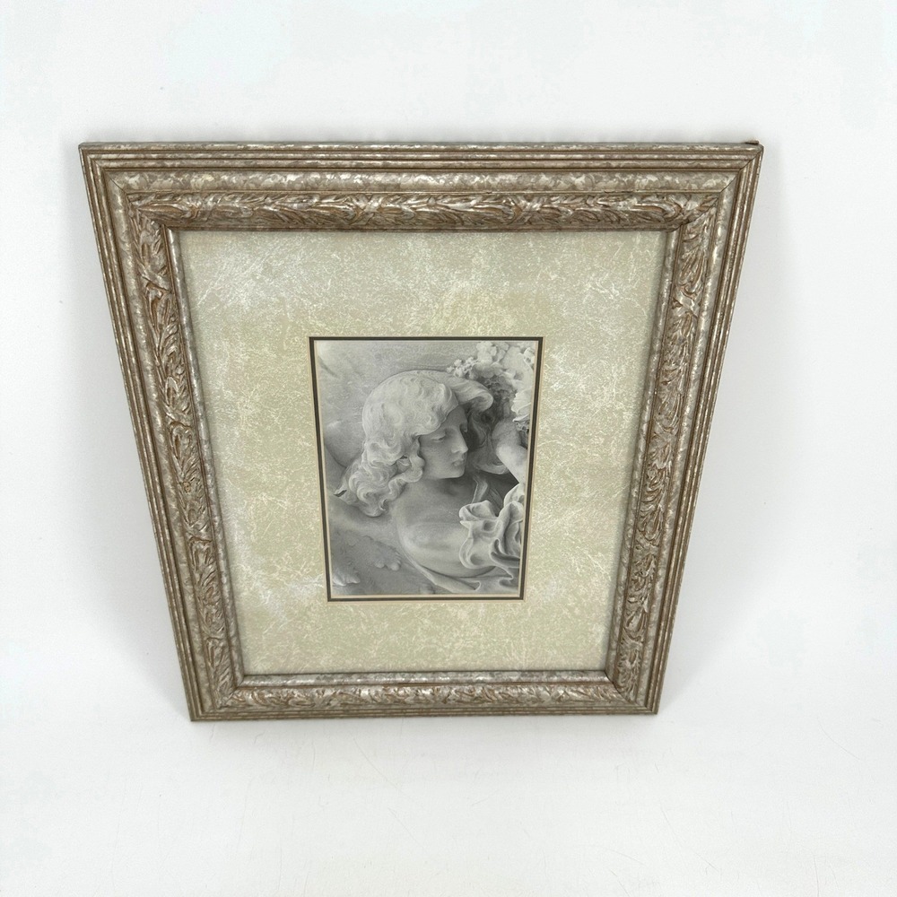 Framed Angel Cherub Art Print Ornate Silver Leaf Relief Frame Classical Decor